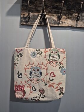 Owl Embroidered Canvas Tote Bag - Cream